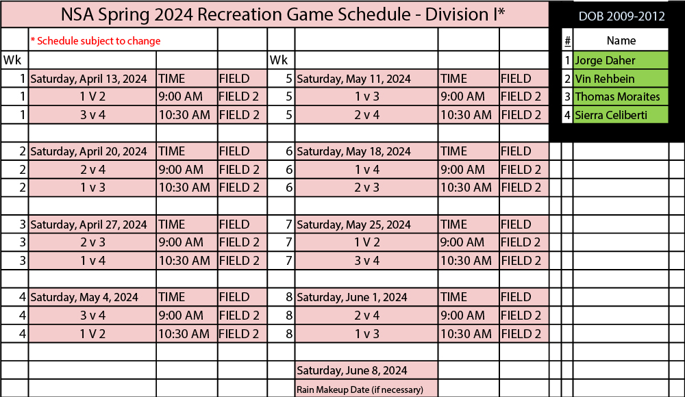 2024 Spring Rec Schedule Division 1